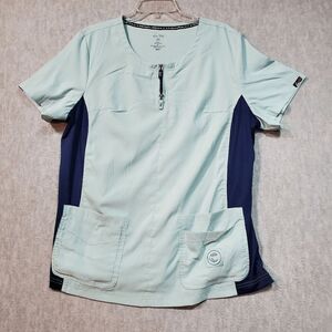 Kol Lite Top Womens 2X Green Scrub Serenity Slim Fit Logo Double Pockets 1/4 Zip